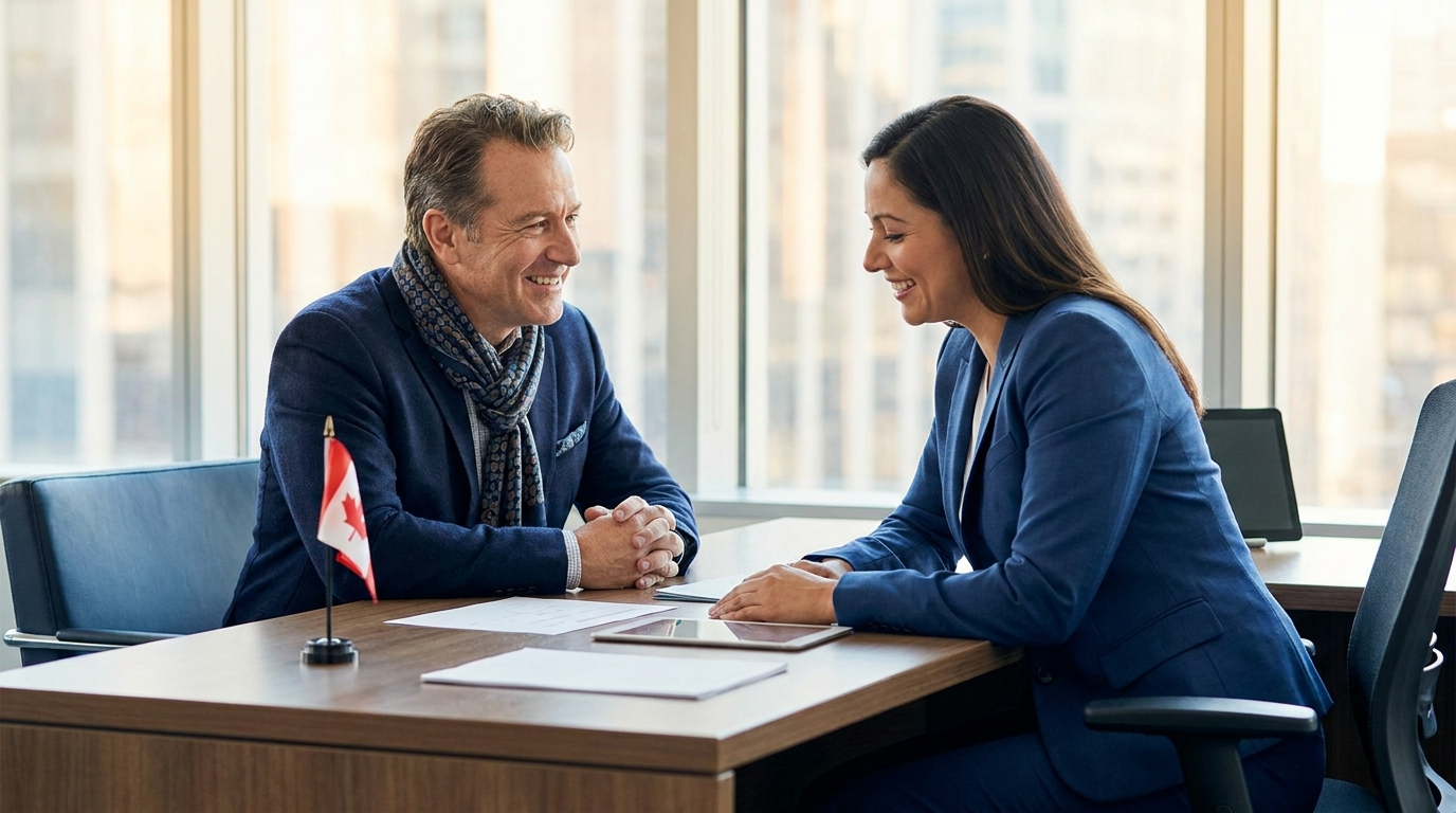 A newcomer entrepreneur meeting a bank advisor about a business loan, with a small Canadian flag on the desk