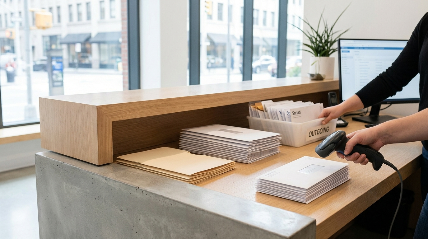 A professional office reception sorting and forwarding business mail and scanning envelopes