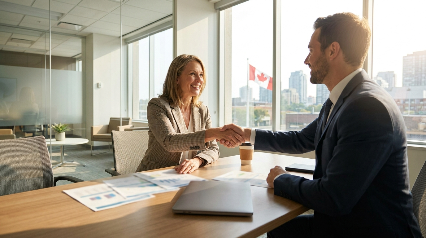 A small business owner shaking hands with a bank loan officer over financing documents, representing the Canada Small Business Financing Program