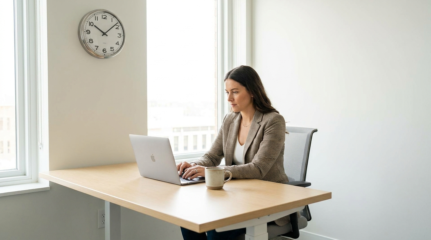 A professional working in a small private day office with a wall clock, laptop and coffee