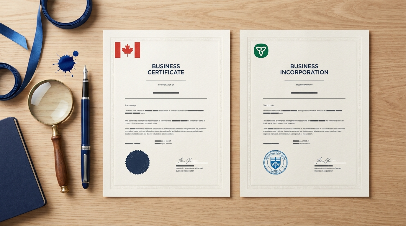 Canadian federal and Ontario provincial business incorporation certificates side by side on a desk