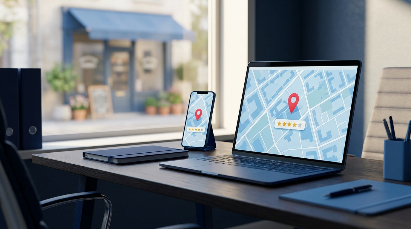 A laptop and phone showing a local business map listing with a location pin and star ratings, representing Google Business Profile optimization