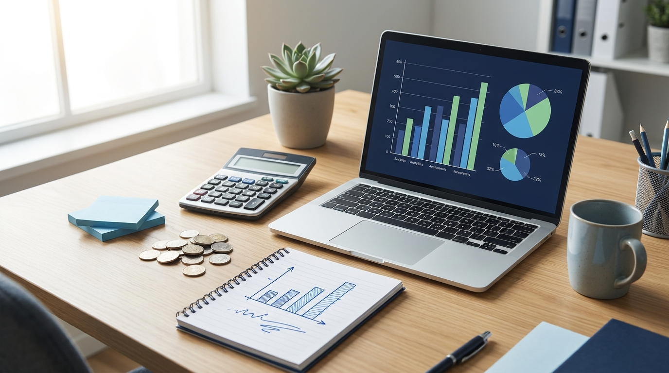 A marketing budget planning desk with a laptop showing analytics charts, a calculator and notes