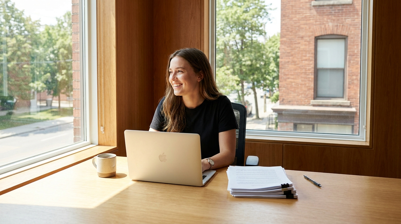 A hopeful entrepreneur at a bright desk with a laptop and business paperwork, registering a new business in Ontario