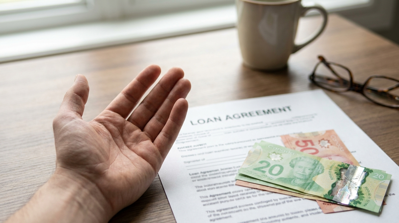 An open empty hand beside a loan agreement and Canadian bills, questioning whether government money is free
