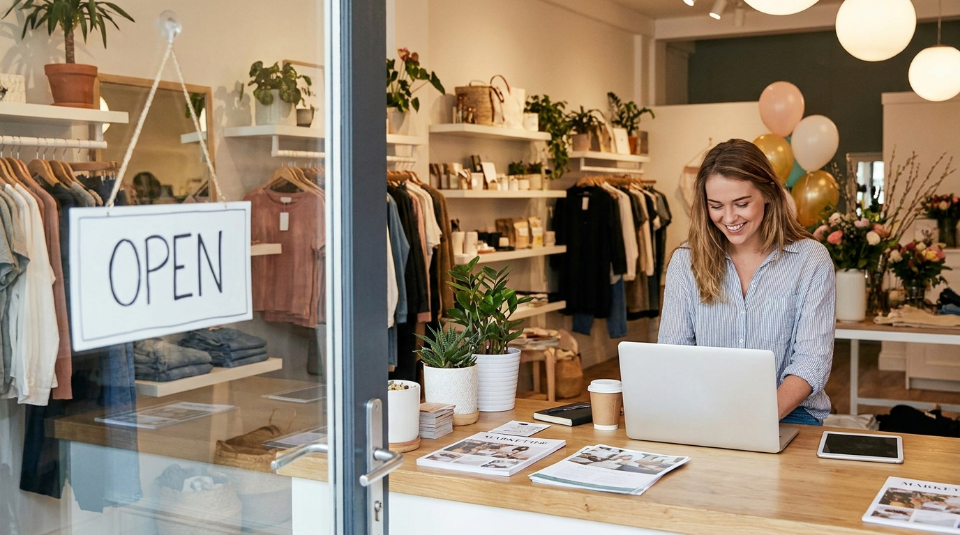 A newly launched Ontario small business on opening day, the owner doing marketing on a laptop