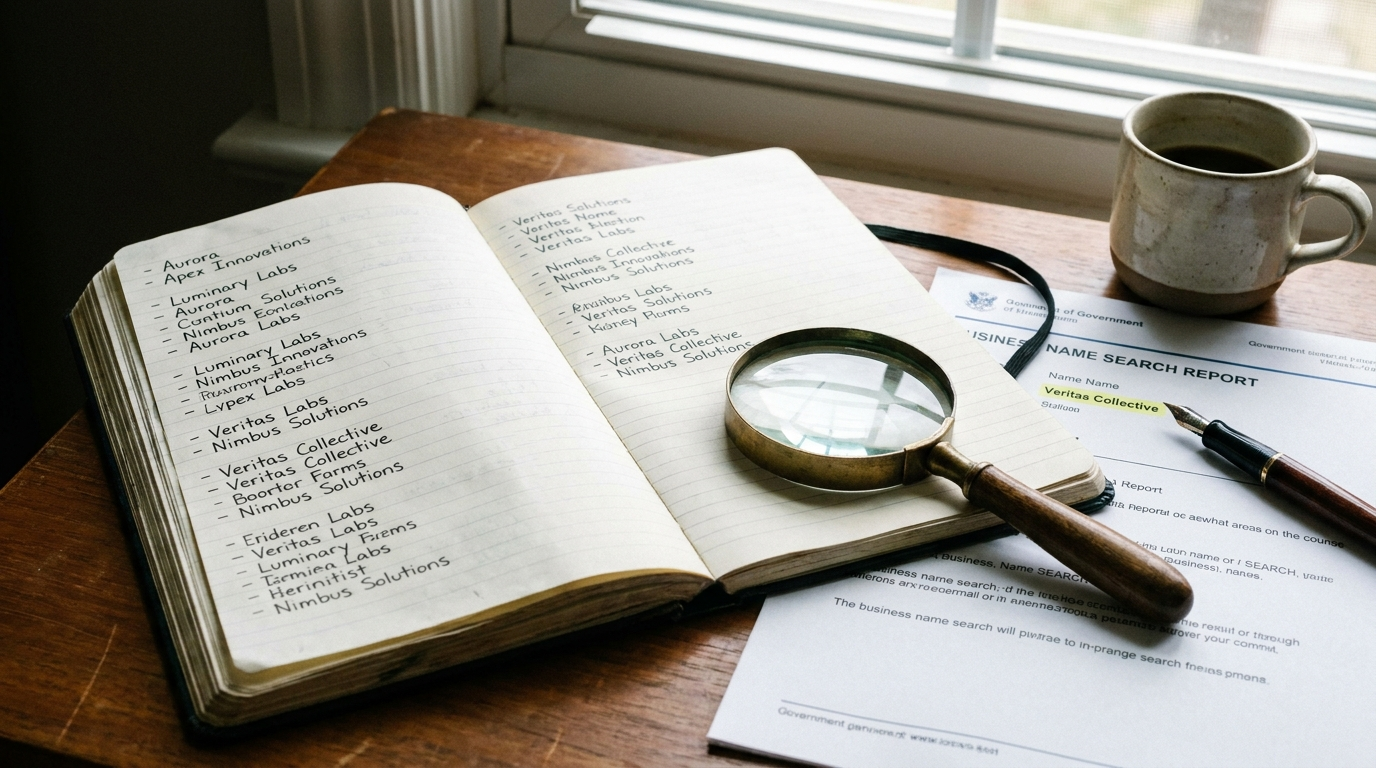 A notebook of candidate business names with a magnifying glass over a printed NUANS name-search report