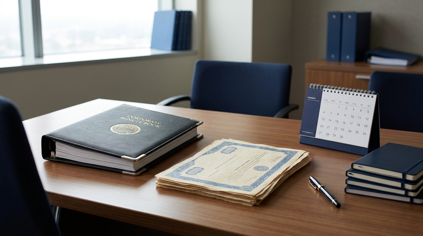 A corporate minute book binder with an official seal, share certificates and a pen, representing Ontario corporate compliance and annual returns