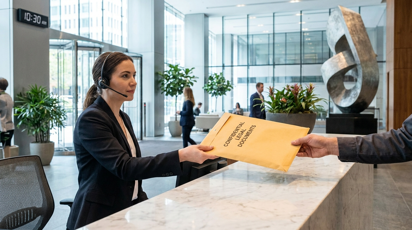 A receptionist accepting an official legal document at an office front desk during business hours