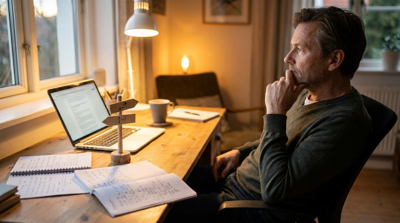 A thoughtful entrepreneur at a desk weighing whether to incorporate in Ontario