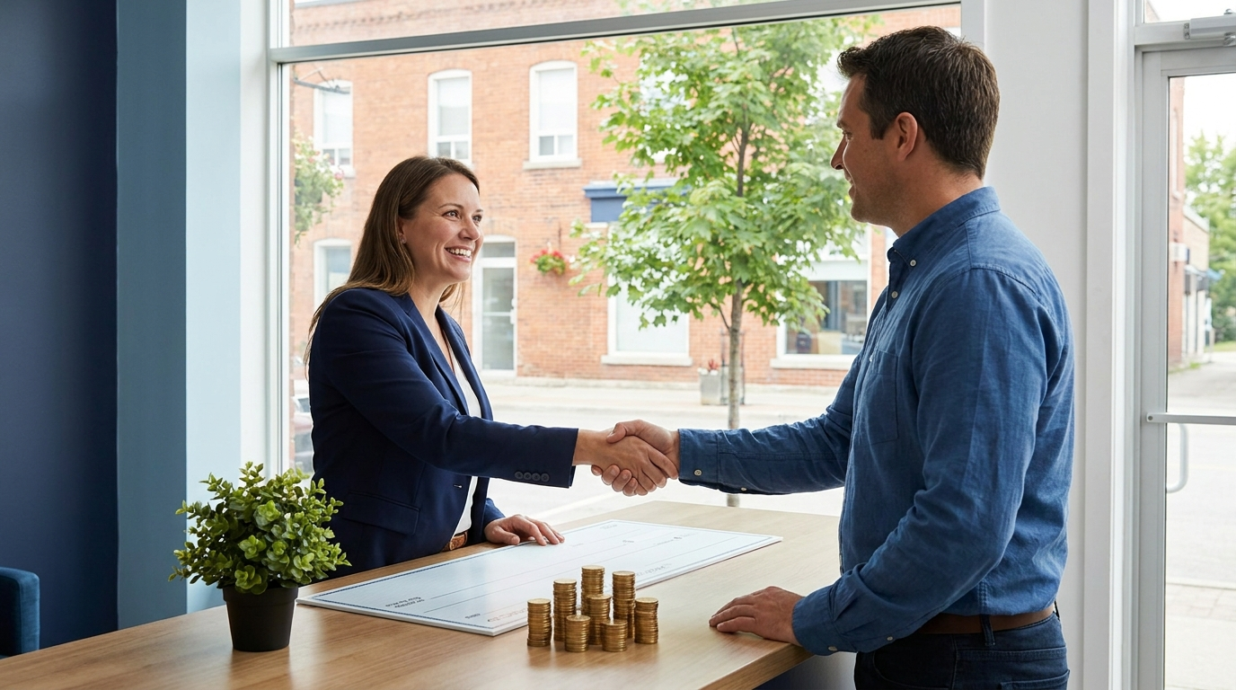 An Ontario small business owner receiving grant funding with a cheque, coins and a growth plant on the counter