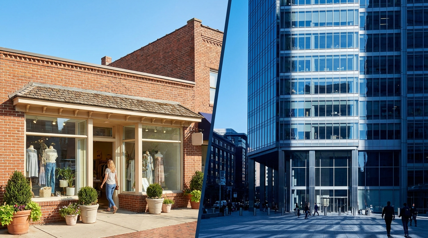 A small independent storefront beside a corporate office tower, illustrating the choice between a sole proprietorship and incorporation in Ontario