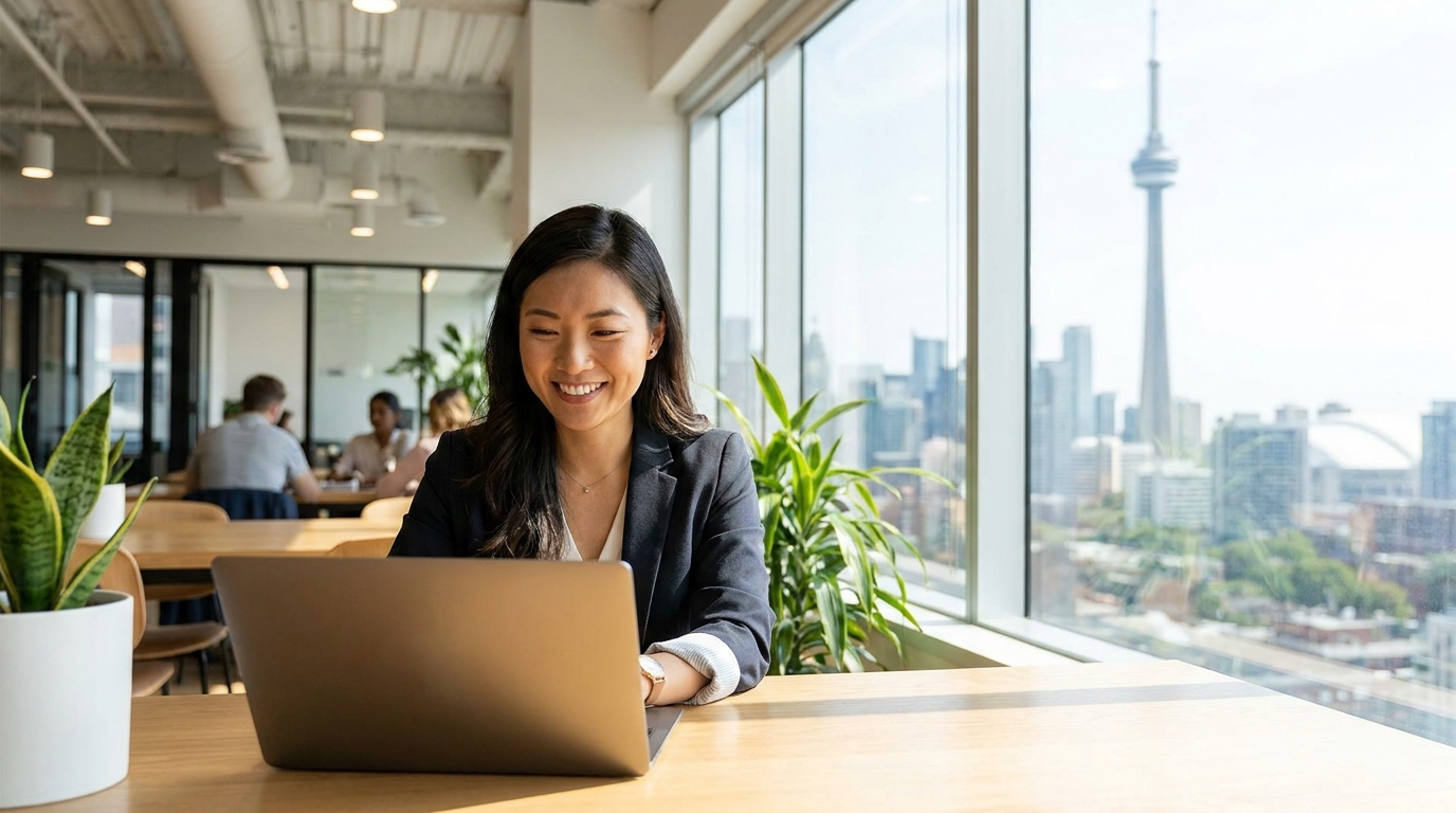 An East Asian entrepreneur working on a laptop with the Toronto skyline behind, starting a Canadian company