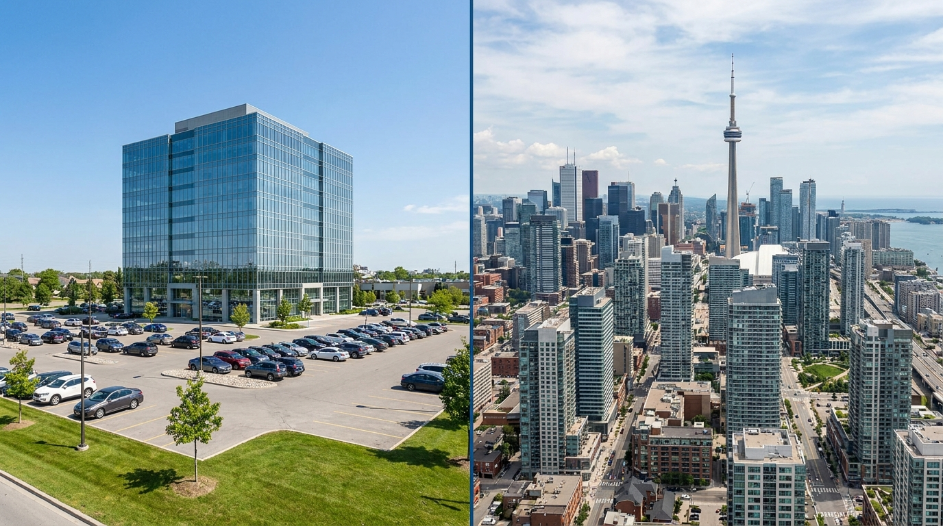 A split scene comparing a suburban Markham office tower and the downtown Toronto skyline