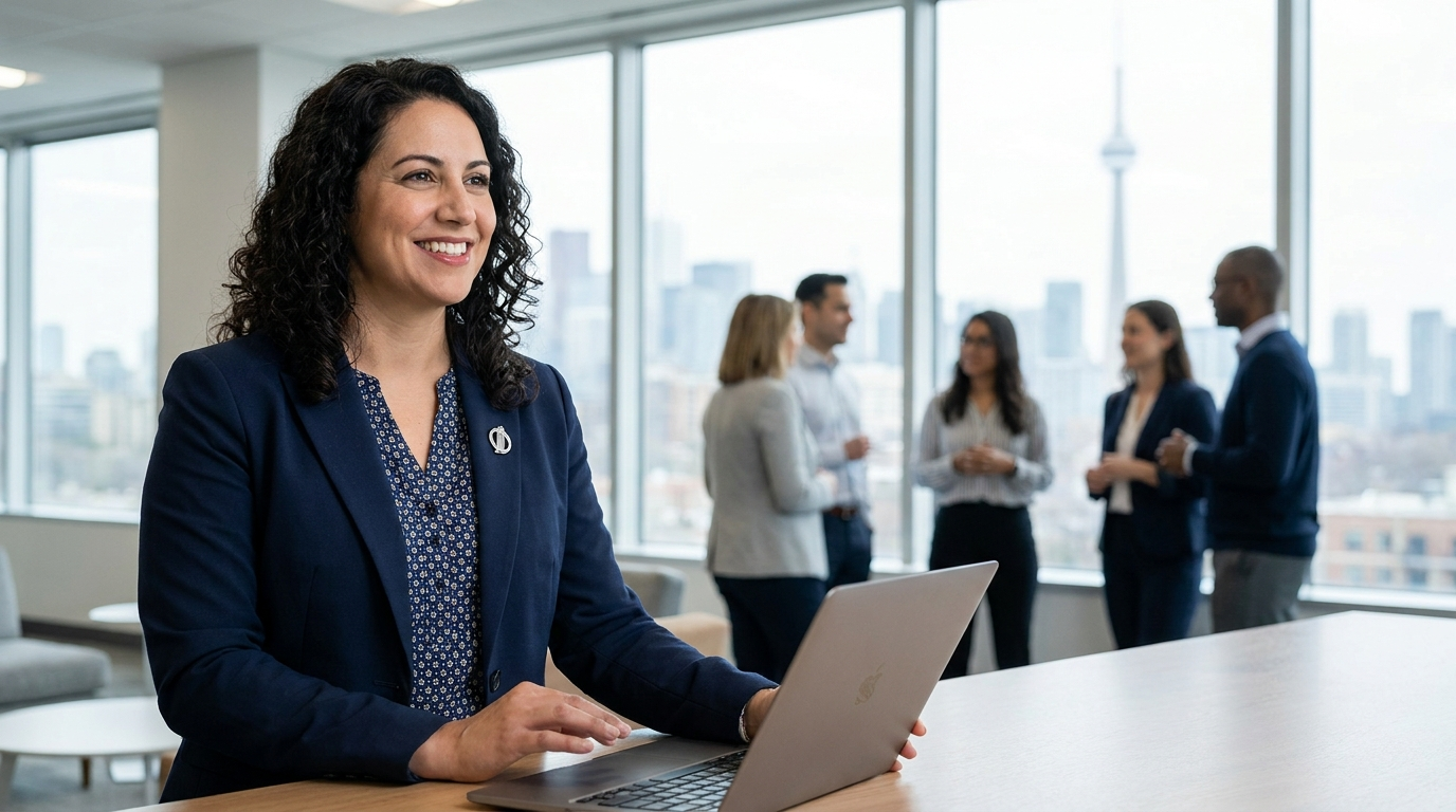 A smiling newcomer entrepreneur working on a laptop in a modern Markham office with the Toronto skyline behind them