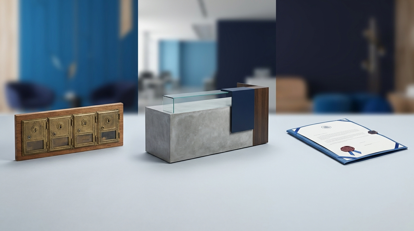 A side-by-side comparison of a mailbox, a modern office reception, and a sealed legal registered-office document