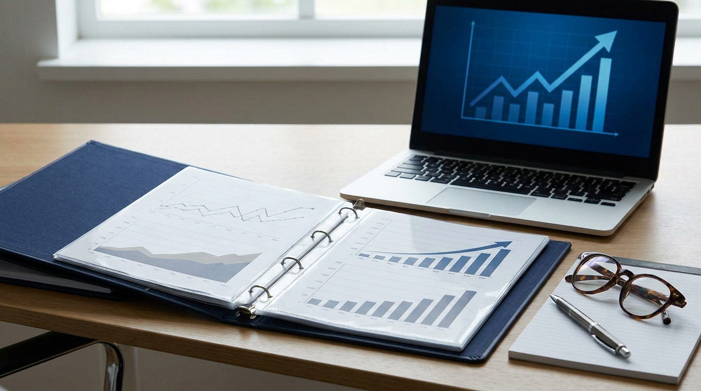 An open lender-ready business plan with financial charts and projections on a desk